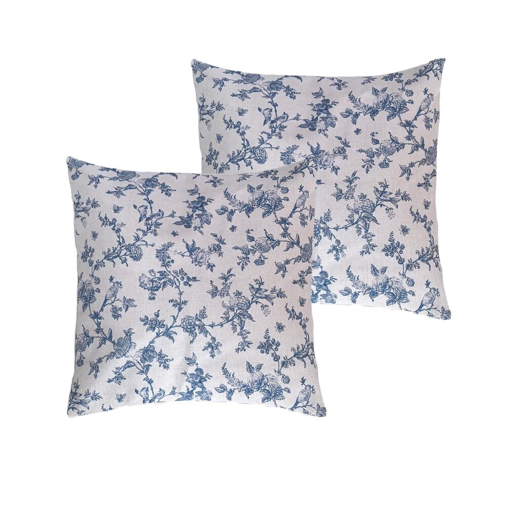 7708 Blue Bird and Floral Throw Pillow Covers Set of 2, 18x18 Inch Cream